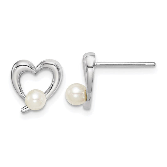 QE15308 Sterling Silver Rhodium-plated 3-4mm White Round Freshwater Cultured Pearl Heart Post Earrings