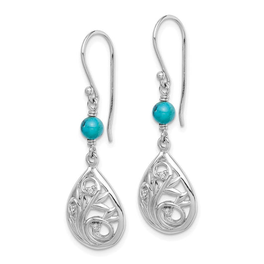 QE15347 Sterling Silver Rhodium-plated Polished Filigree CZ & Reconstituted Turquoise Teardrop Dangle Earrings