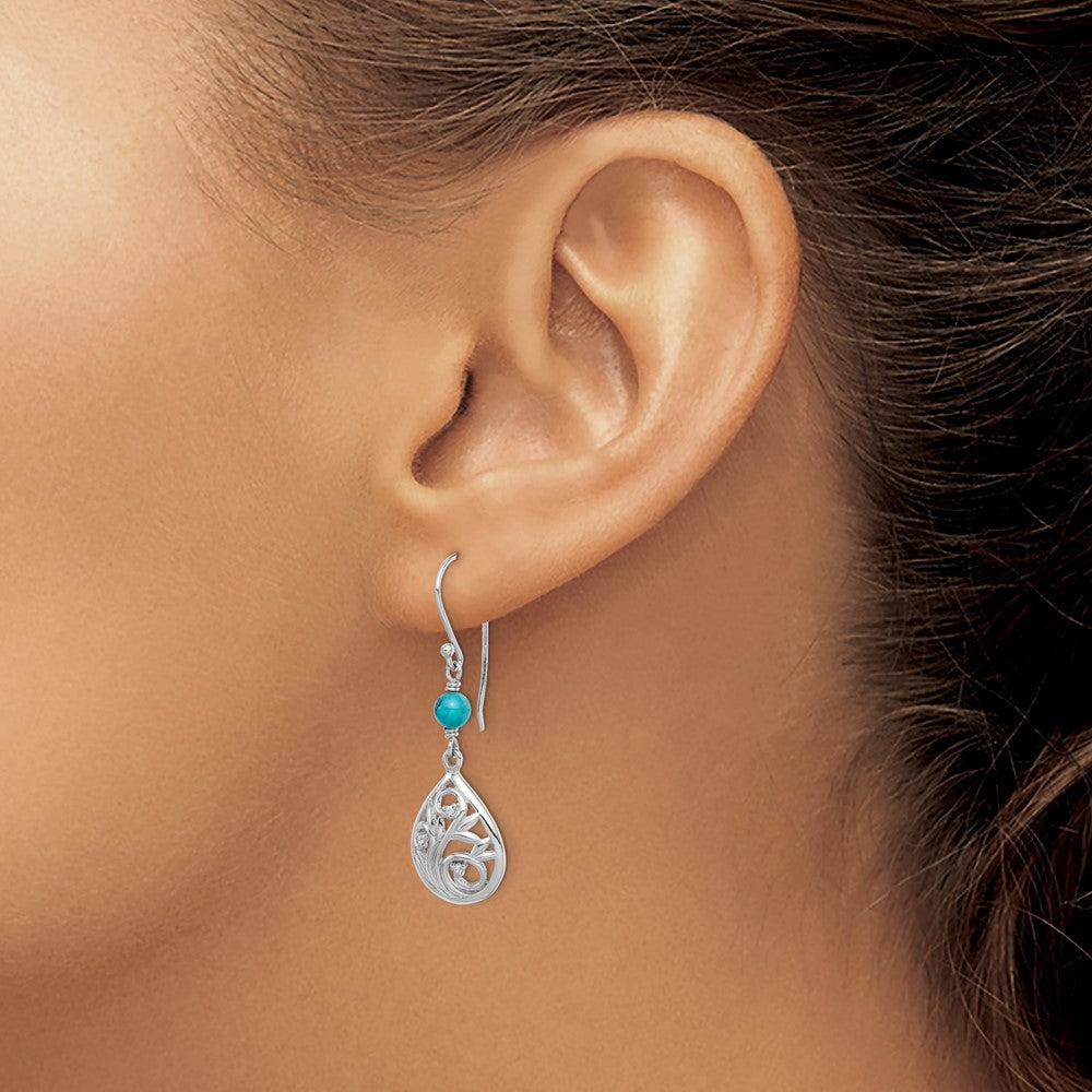 QE15347 Sterling Silver Rhodium-plated Polished Filigree CZ & Reconstituted Turquoise Teardrop Dangle Earrings