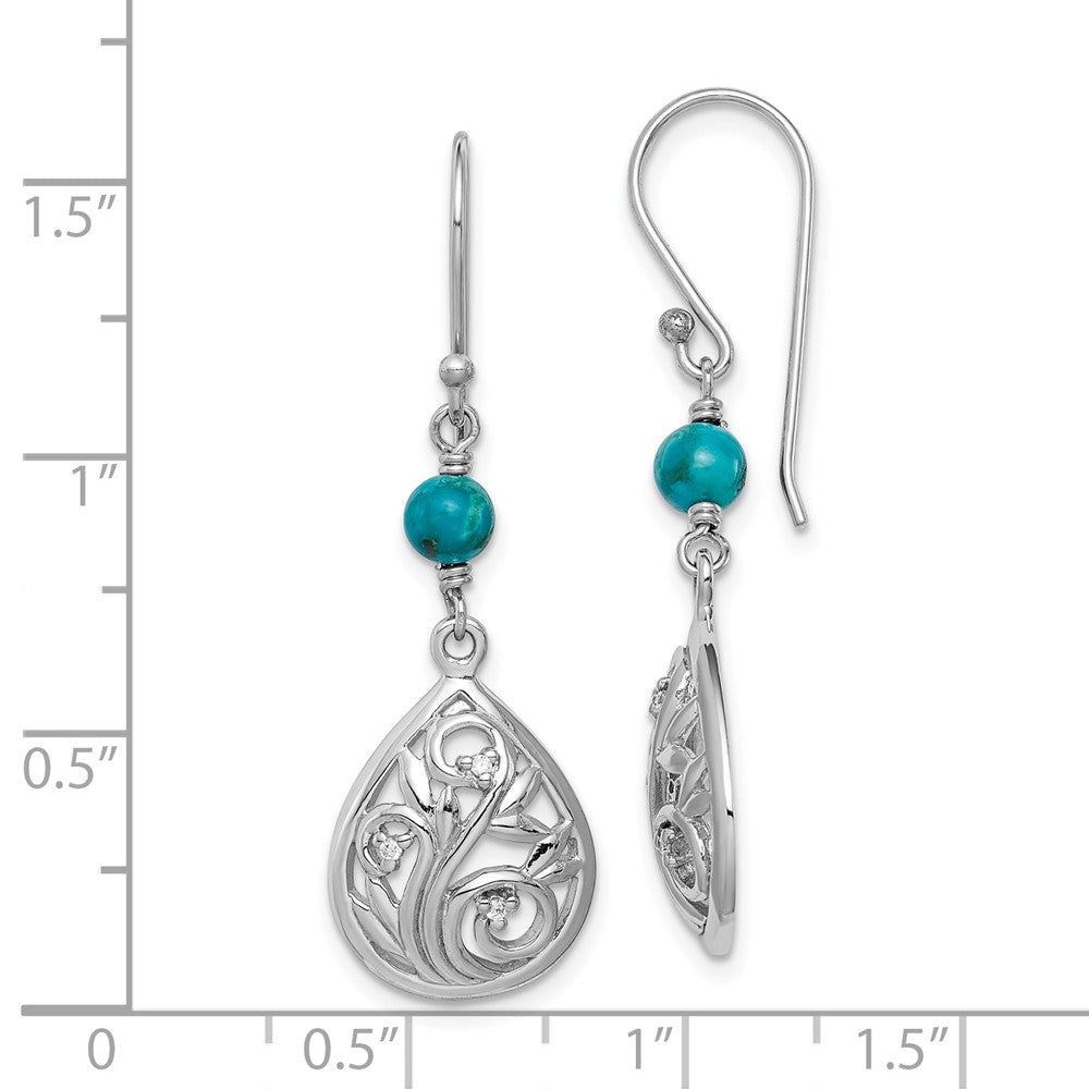 QE15347 Sterling Silver Rhodium-plated Polished Filigree CZ & Reconstituted Turquoise Teardrop Dangle Earrings