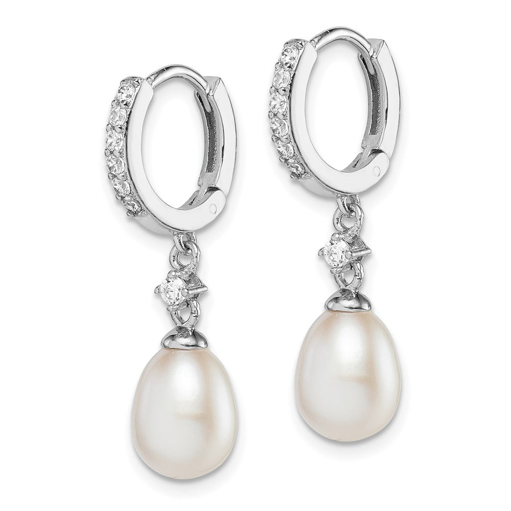 QE15358 Sterling Silver Rhodium-plated 7-8mm White Freshwater Cultured Pearl and CZ Hoop Dangle Earrings