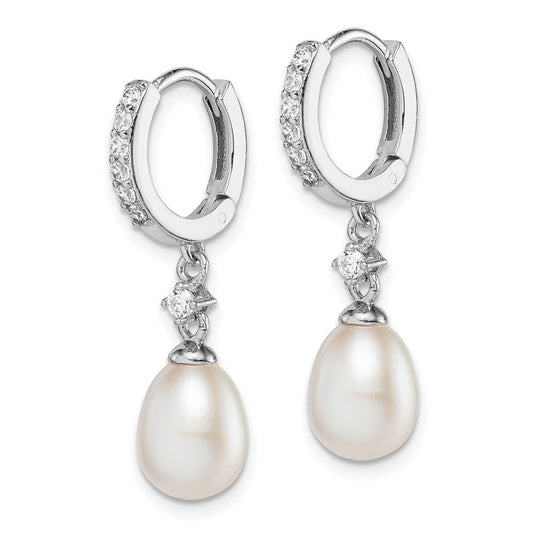 QE15358 Sterling Silver Rhodium-plated 7-8mm White Freshwater Cultured Pearl and CZ Hoop Dangle Earrings
