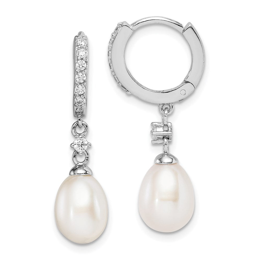 QE15358 Sterling Silver Rhodium-plated 7-8mm White Freshwater Cultured Pearl and CZ Hoop Dangle Earrings