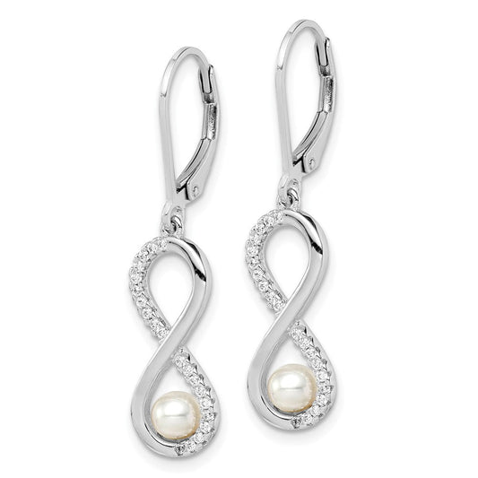 QE15381 Sterling Silver Rhodium-plated 4-5mm White Freshwater Cultured Pearl and CZ Infinity Dangle Leverback Earrings