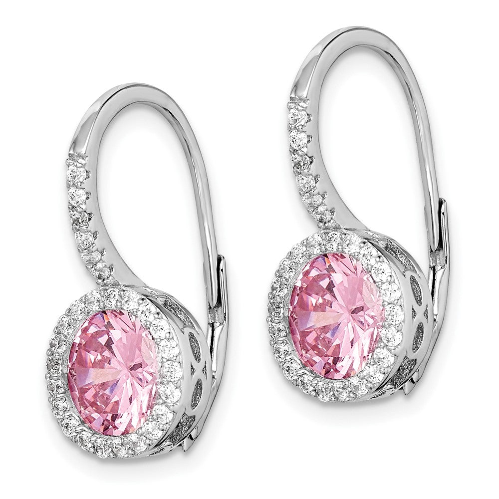 QE15392 Sterling Silver RH-plated Polished Pink & White CZ Halo Leverback Earrings