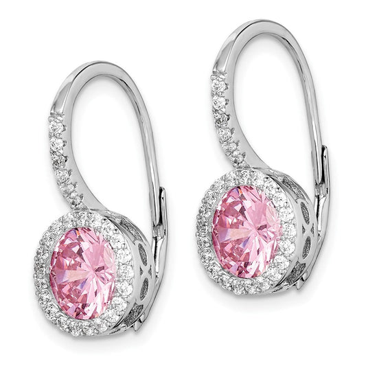 QE15392 Sterling Silver RH-plated Polished Pink & White CZ Halo Leverback Earrings