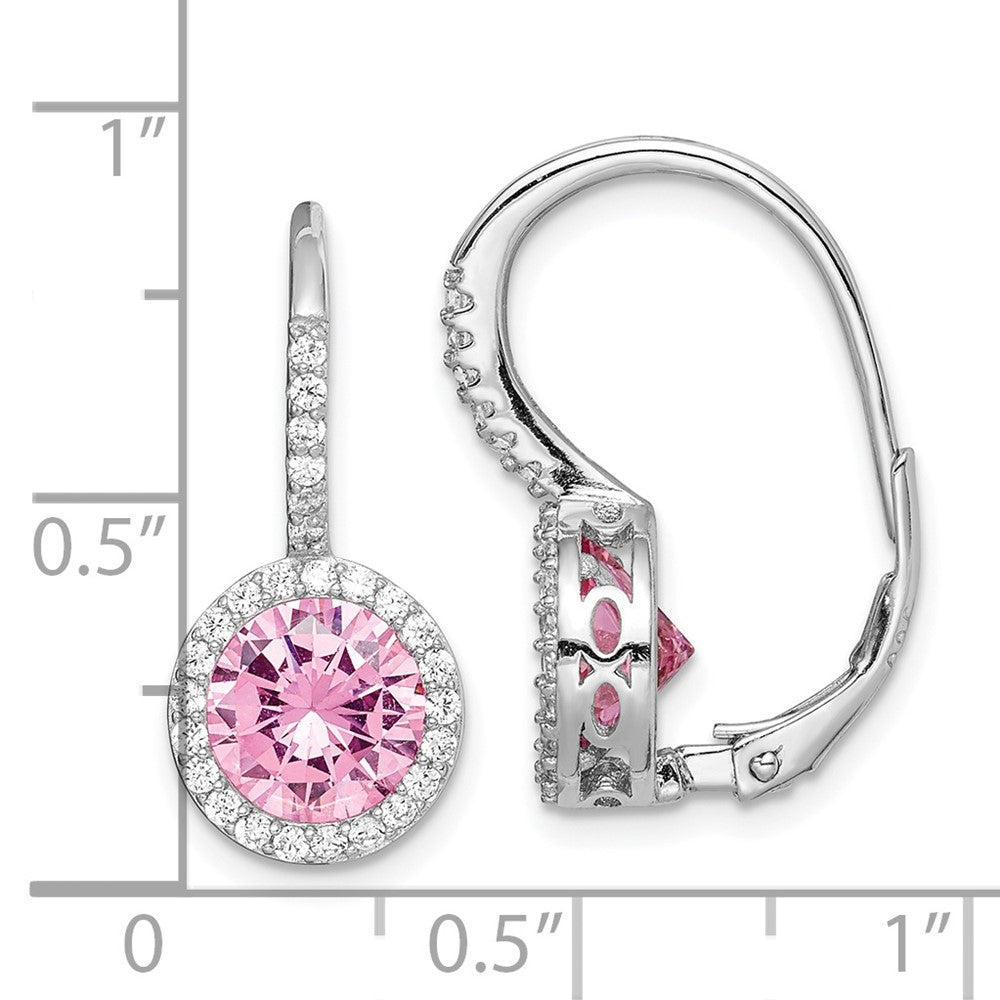 QE15392 Sterling Silver RH-plated Polished Pink & White CZ Halo Leverback Earrings