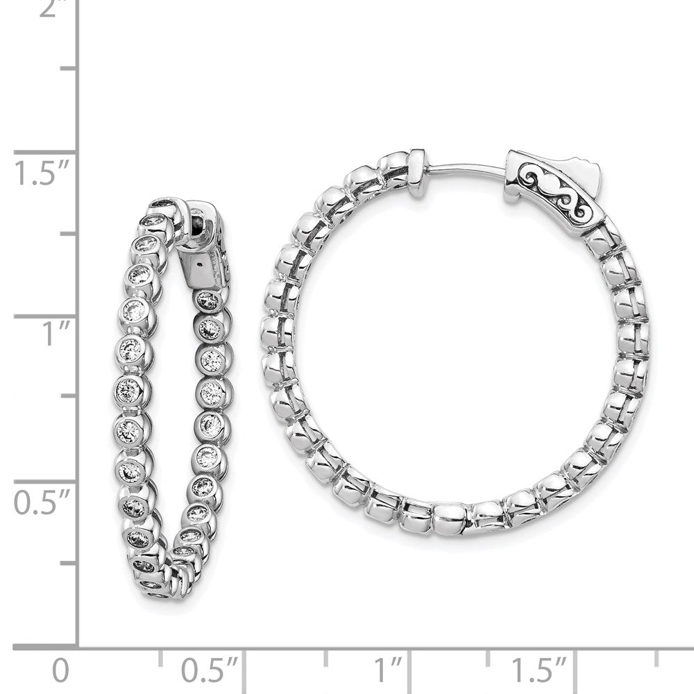 QE15446 Sterling Shimmer Sterling Silver Rhodium-plated 50 Stone 1.7mm CZ In and Out Round Hinged Hoop Earrings