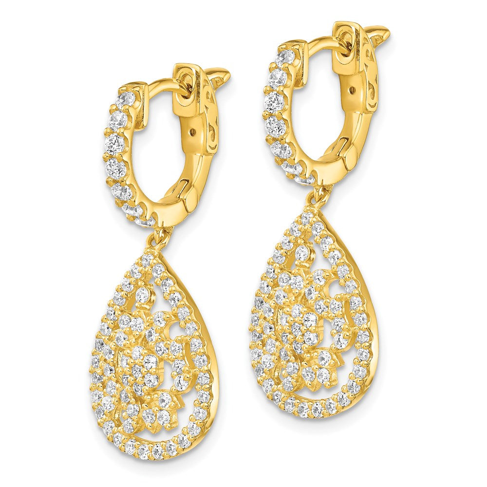 QE15458 Sterling Shimmer Sterling Silver Gold-tone Flash Gold-plated 126 Stone CZ Teardrop Dangle Hinged Hoop Earrings