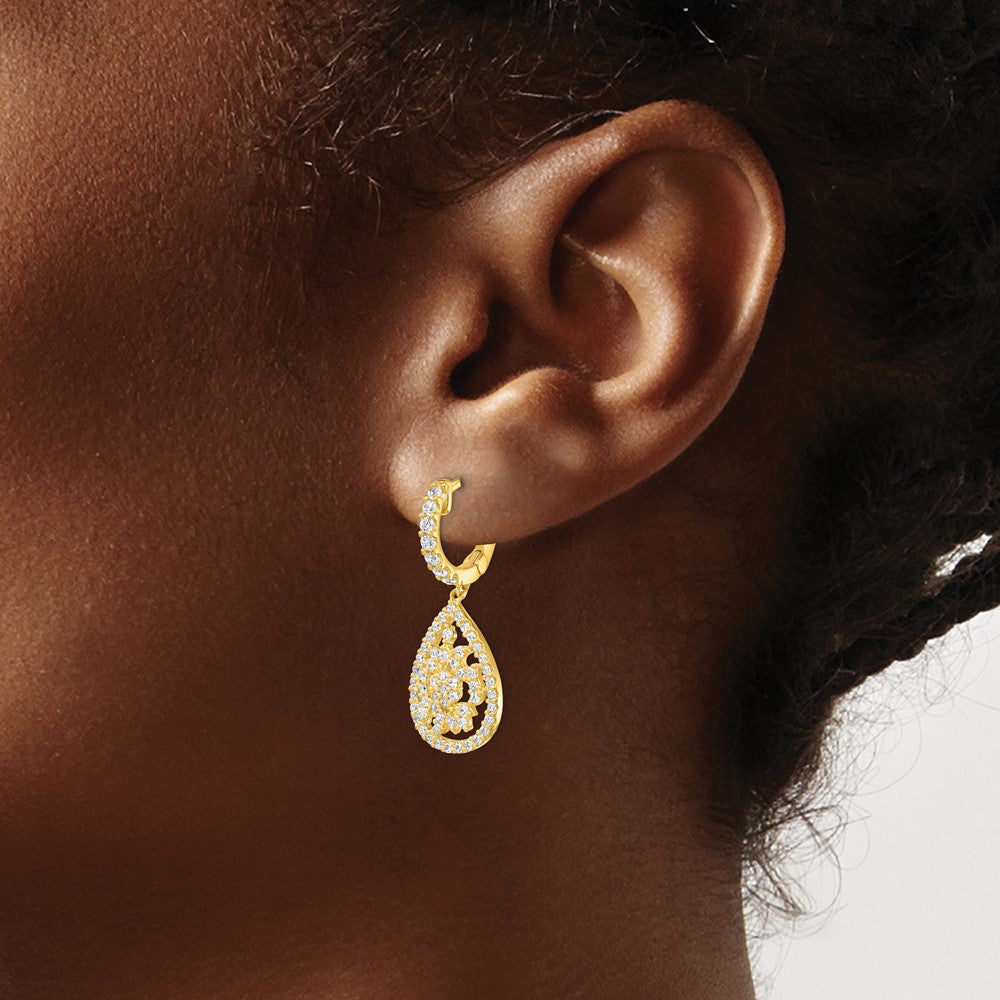 QE15458 Sterling Shimmer Sterling Silver Gold-tone Flash Gold-plated 126 Stone CZ Teardrop Dangle Hinged Hoop Earrings