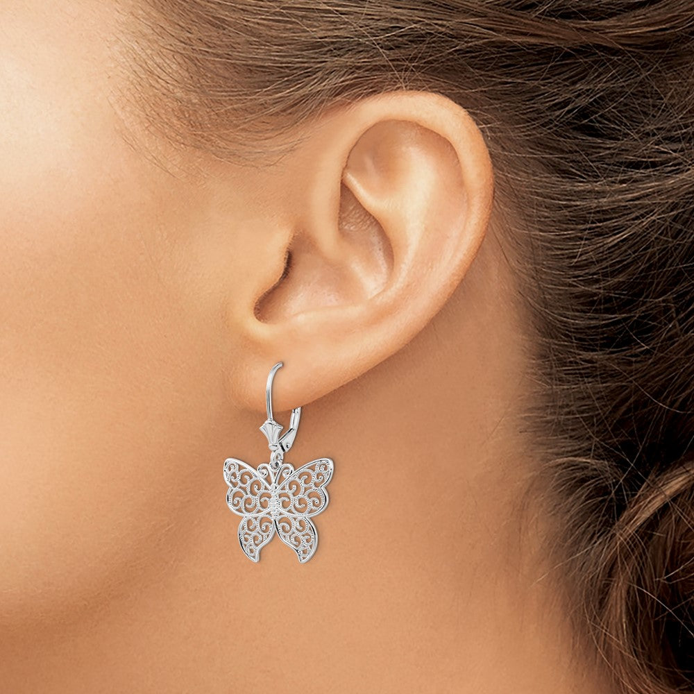 QE15571 De-Ani Sterling Silver Rhodium-Plated Polished Filigree Butterfly Leverback Earrings