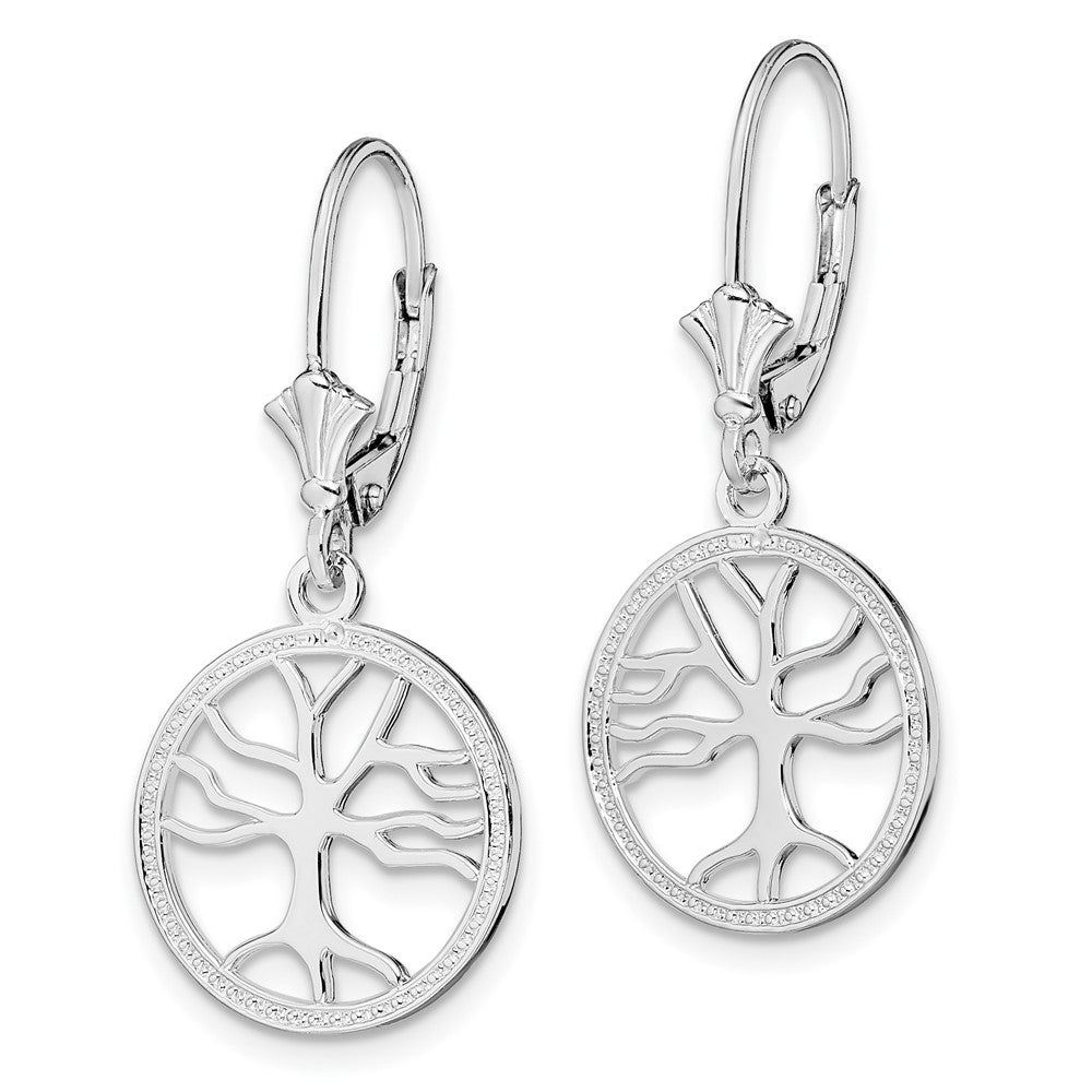 QE15589 De-Ani Sterling Silver Rhodium-plated Polished Tree of Life in Circle Leverback Earrings