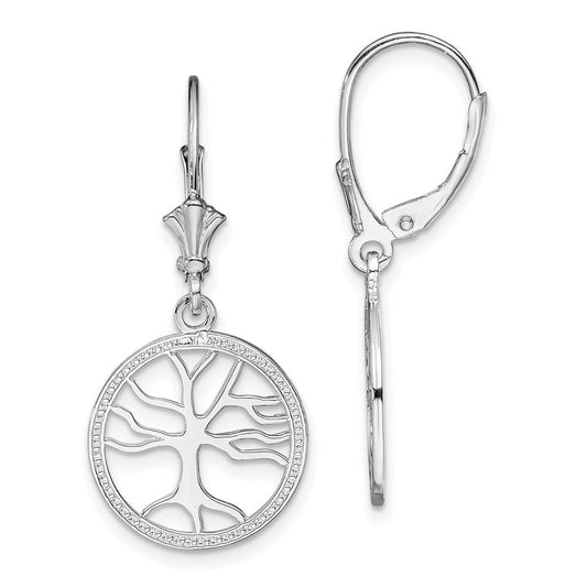 QE15589 De-Ani Sterling Silver Rhodium-plated Polished Tree of Life in Circle Leverback Earrings