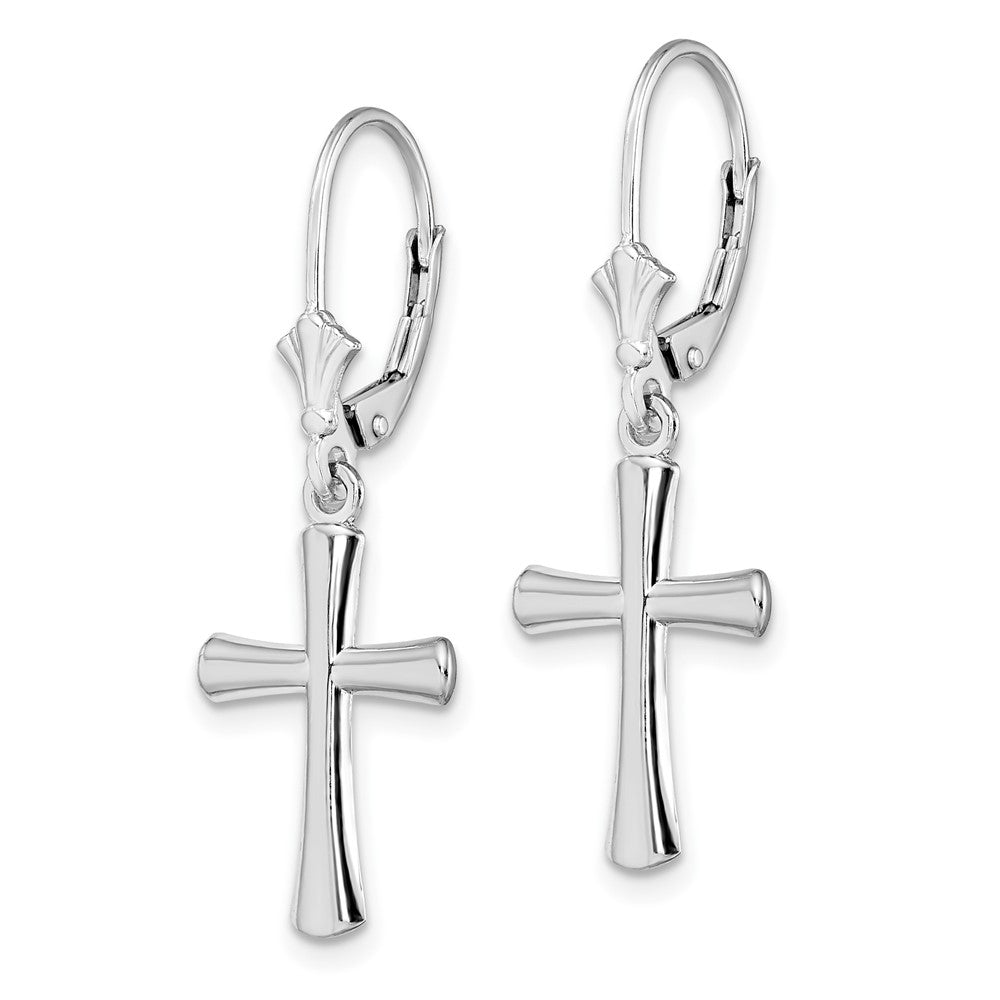 QE15596 De-Ani Sterling Silver Rhodium-Plated Polished Beveled Latin Cross Leverback Earrings