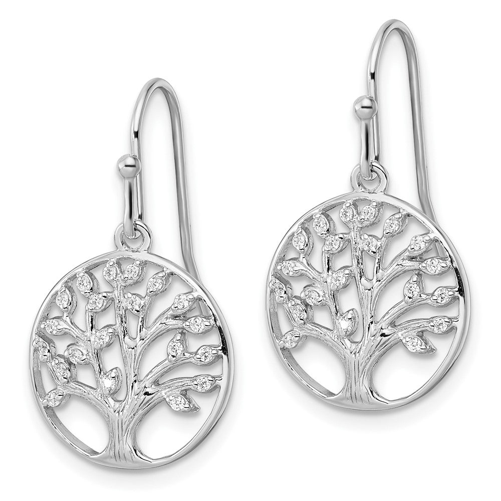 QE15660 Sterling Silver Rhodium-plated Dangle Polished CZ Tree of Life Earrings