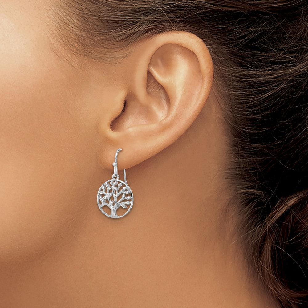 QE15660 Sterling Silver Rhodium-plated Dangle Polished CZ Tree of Life Earrings
