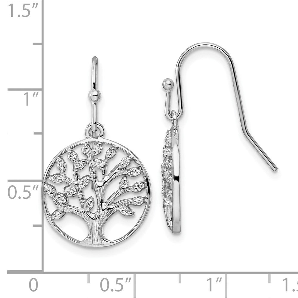 QE15660 Sterling Silver Rhodium-plated Dangle Polished CZ Tree of Life Earrings