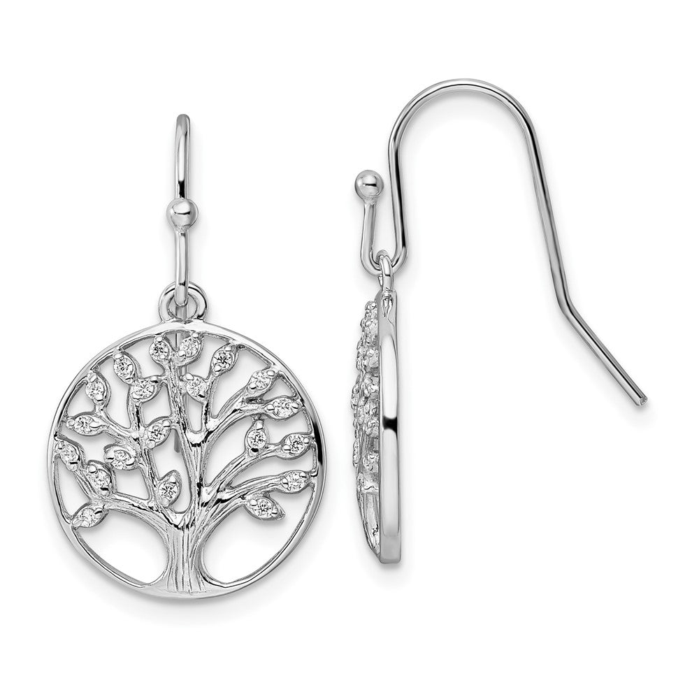 QE15660 Sterling Silver Rhodium-plated Dangle Polished CZ Tree of Life Earrings