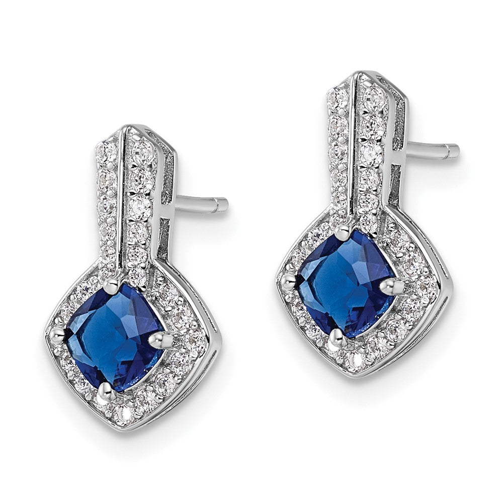 QE15745 Sterling Silver Rhodium-plated CZ and Blue Glass Post Earrings