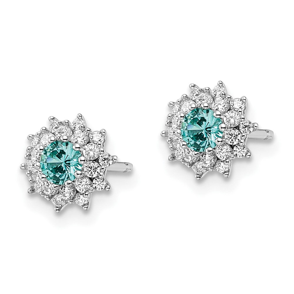 QE15768 Sterling Silver Rhodium plated Teal & White CZ Post Earrings