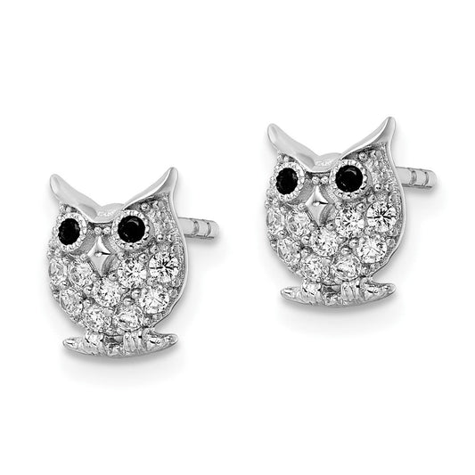 QE15782 Sterling Silver Rhodium-plated Black & White CZ Owl Post Earrings