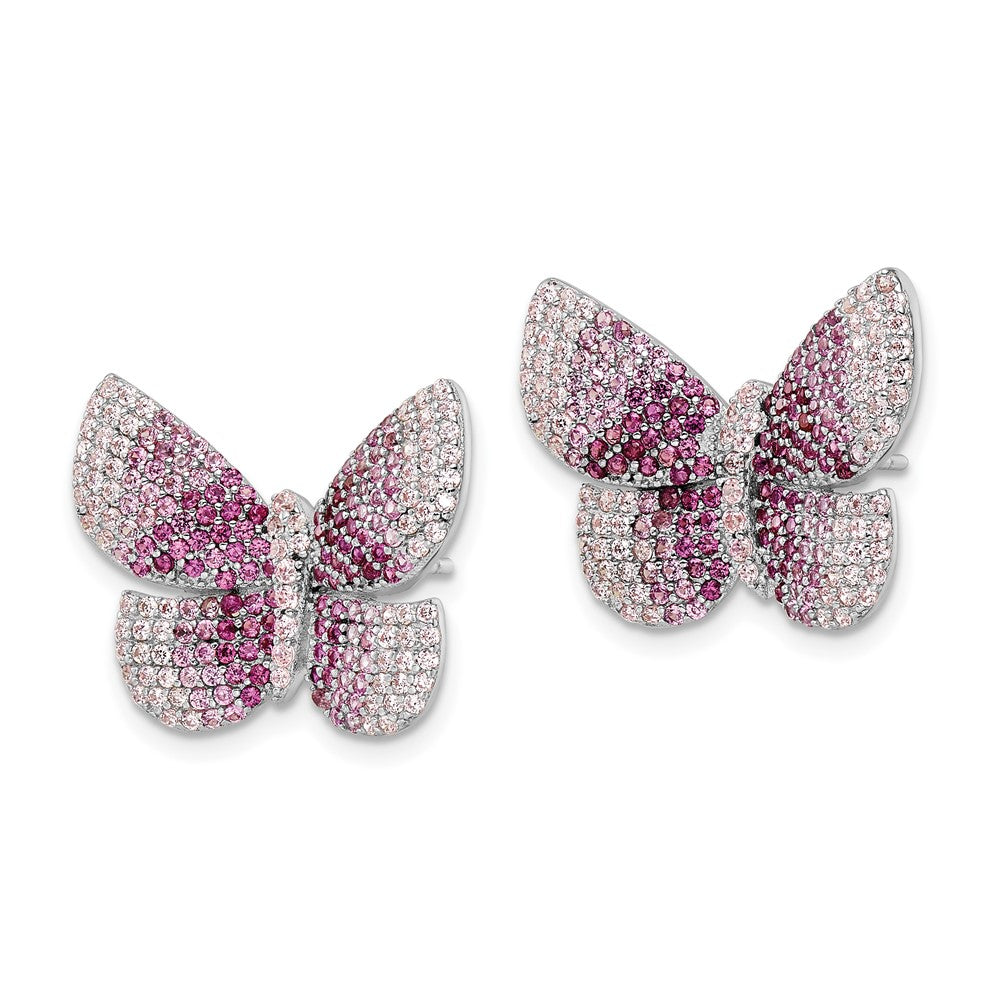 QE15790 Sterling Silver Rhodium-plated Polished Pink CZ Butterfly Post Earrings