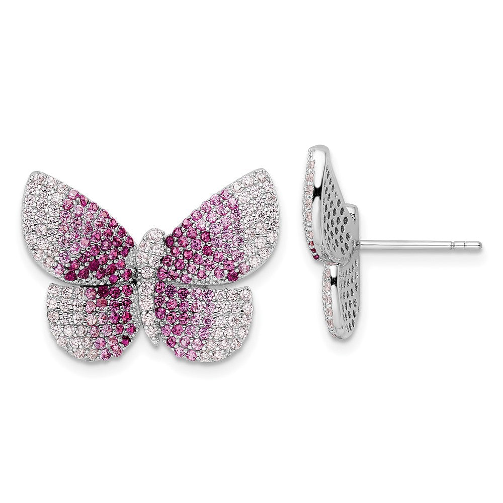 QE15790 Sterling Silver Rhodium-plated Polished Pink CZ Butterfly Post Earrings