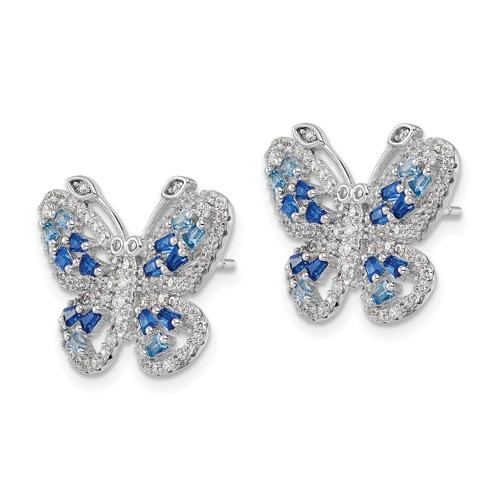 QE15791 Sterling Silver Rhodium-plated Polished Light and Dark Blue CZ with Clear CZ Butterfly Post Earrings