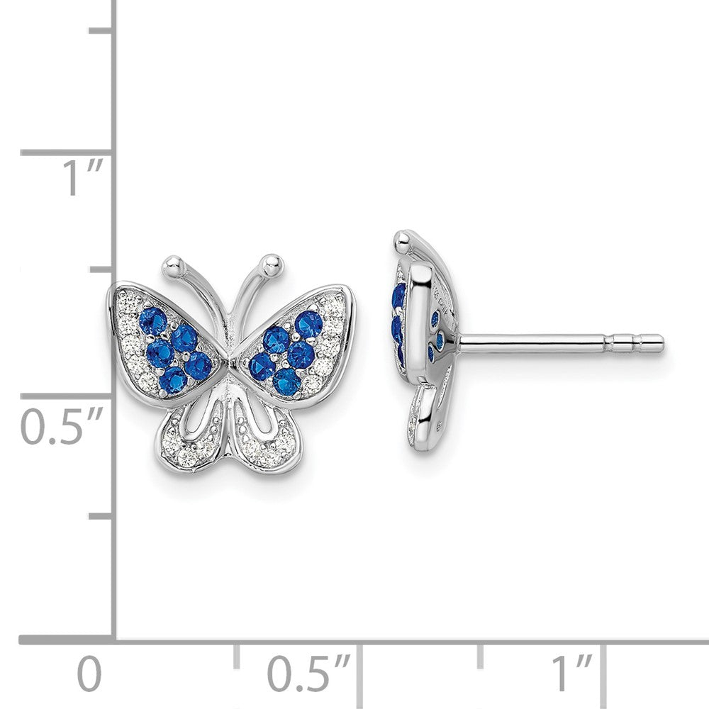 QE15792 Sterling Silver Rhodium-plated Blue & White CZ Butterfly Post Earrings