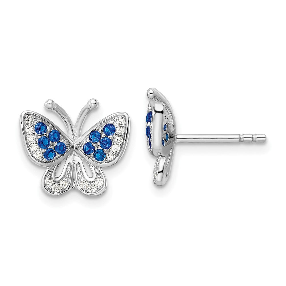 QE15792 Sterling Silver Rhodium-plated Blue & White CZ Butterfly Post Earrings