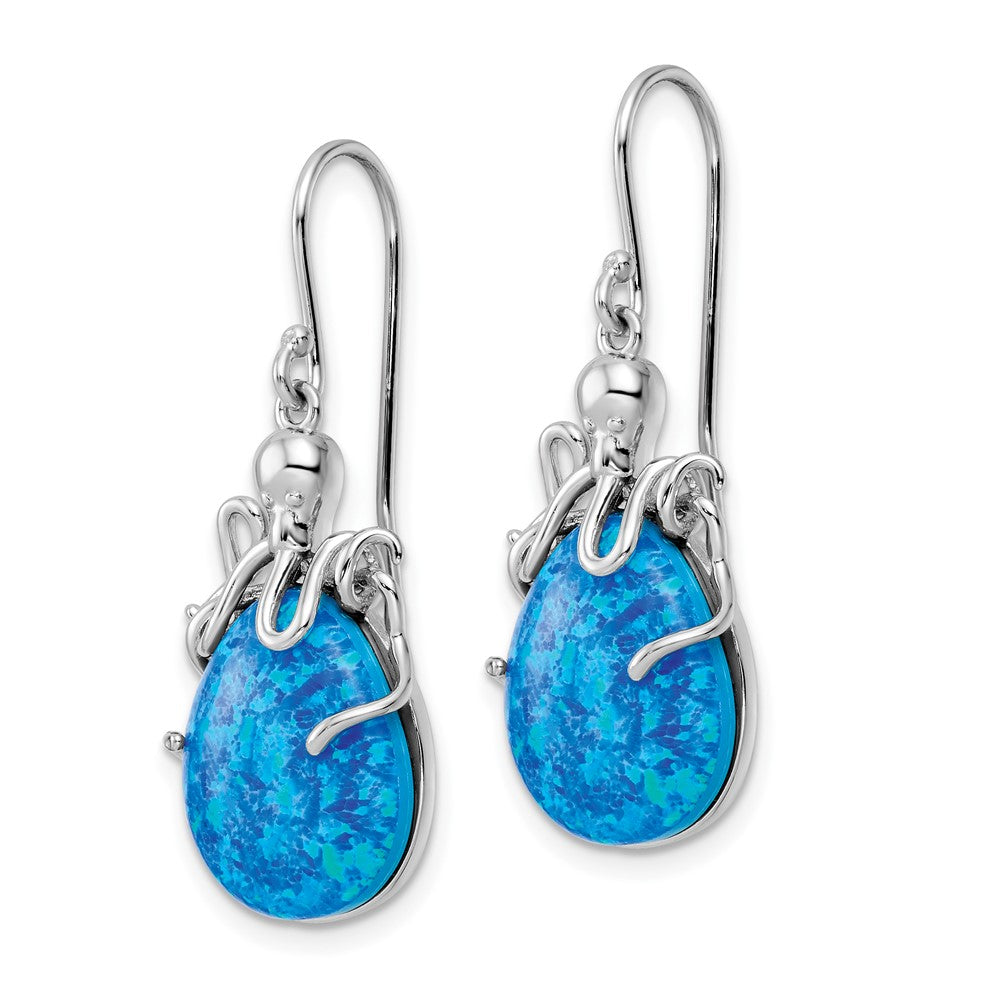 QE15799 Sterling Silver Rhodium-plated Blue Lab Created Opal Octopus Dangle Earrings