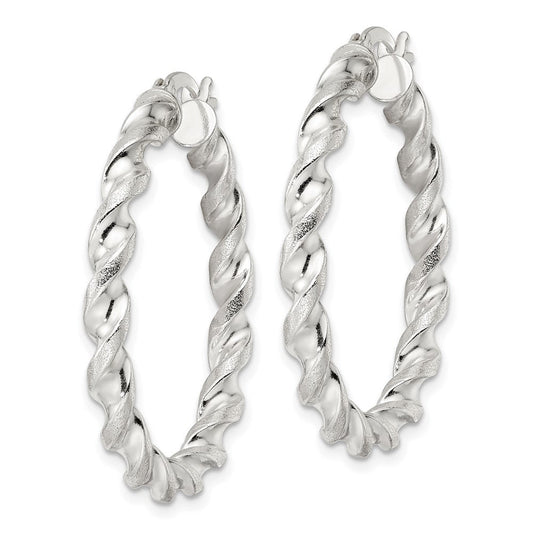 QE15886 Sterling Silver Polished and Textured Twisted Circle Hoop Earrings