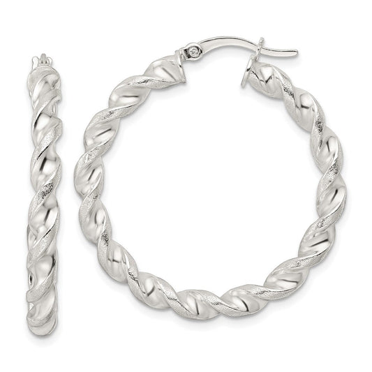 QE15886 Sterling Silver Polished and Textured Twisted Circle Hoop Earrings