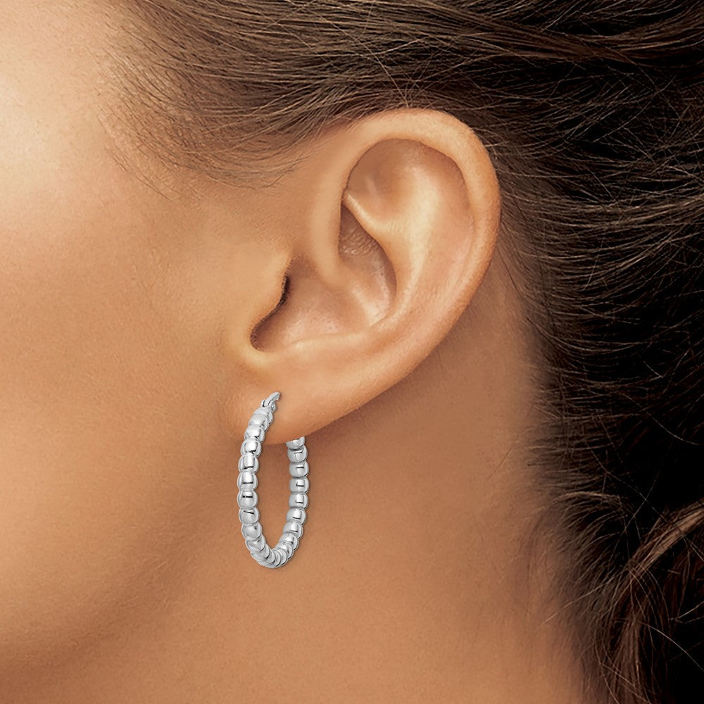 QE15891 Sterling Silver Rhodium-plated Polished 3mm Beaded Hoop Earrings