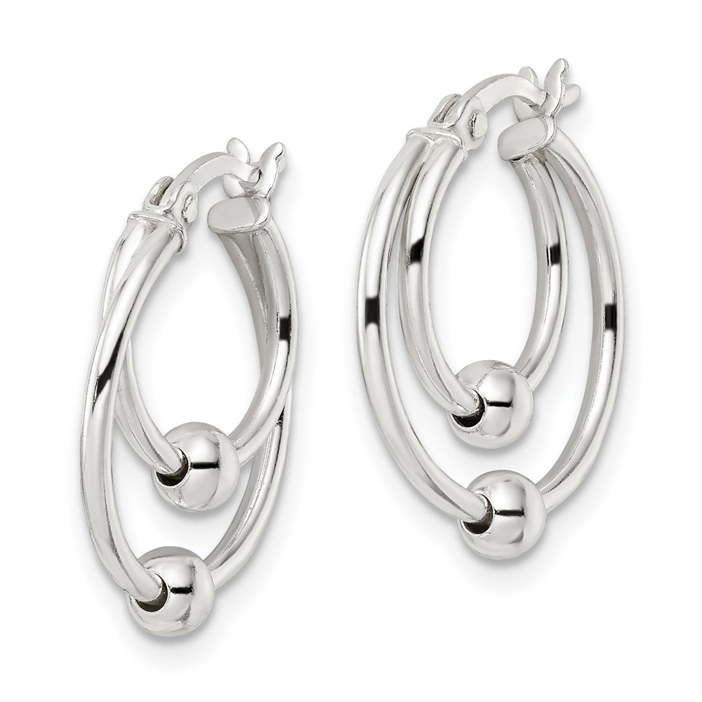 QE15900 Sterling Silver Polished Double Circle Beaded Hoop Earrings