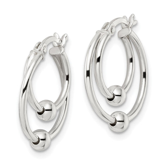 QE15900 Sterling Silver Polished Double Circle Beaded Hoop Earrings