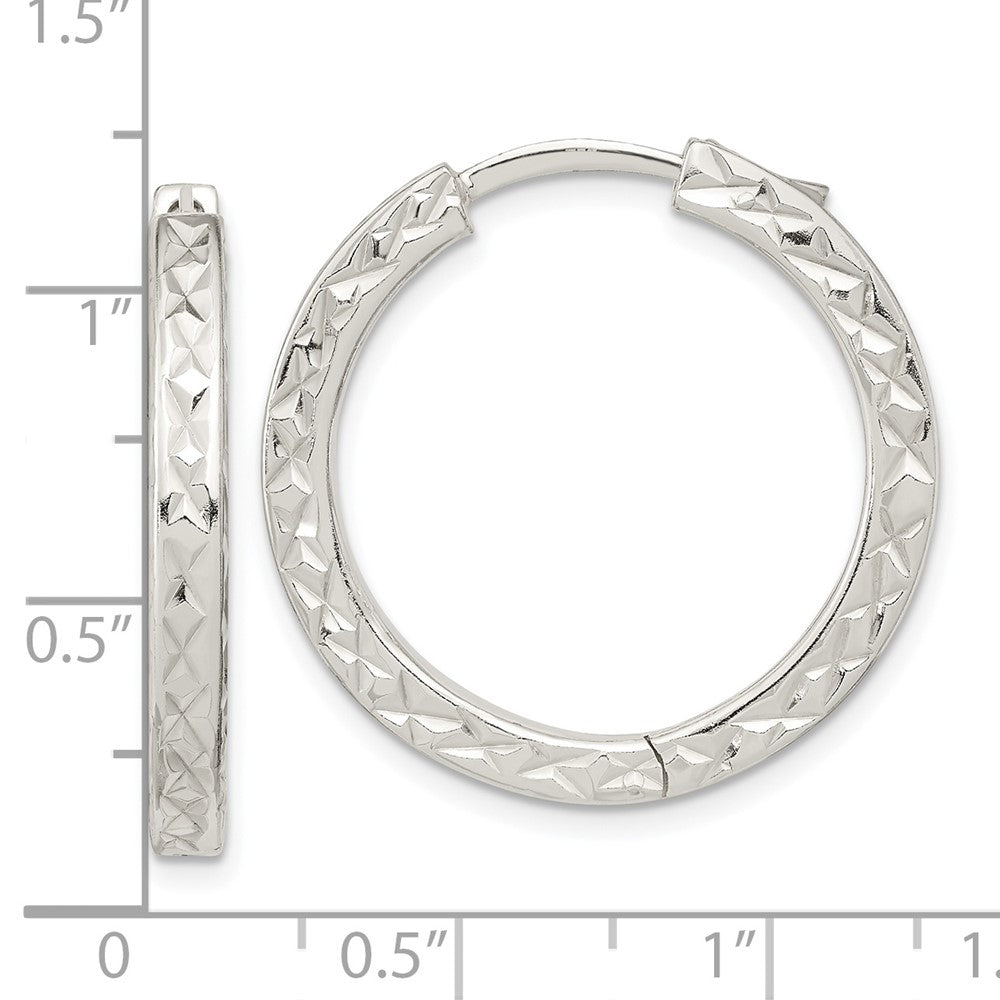 QE15959 Sterling Silver Polished D/C Square Tube Locking Hoop Earrings