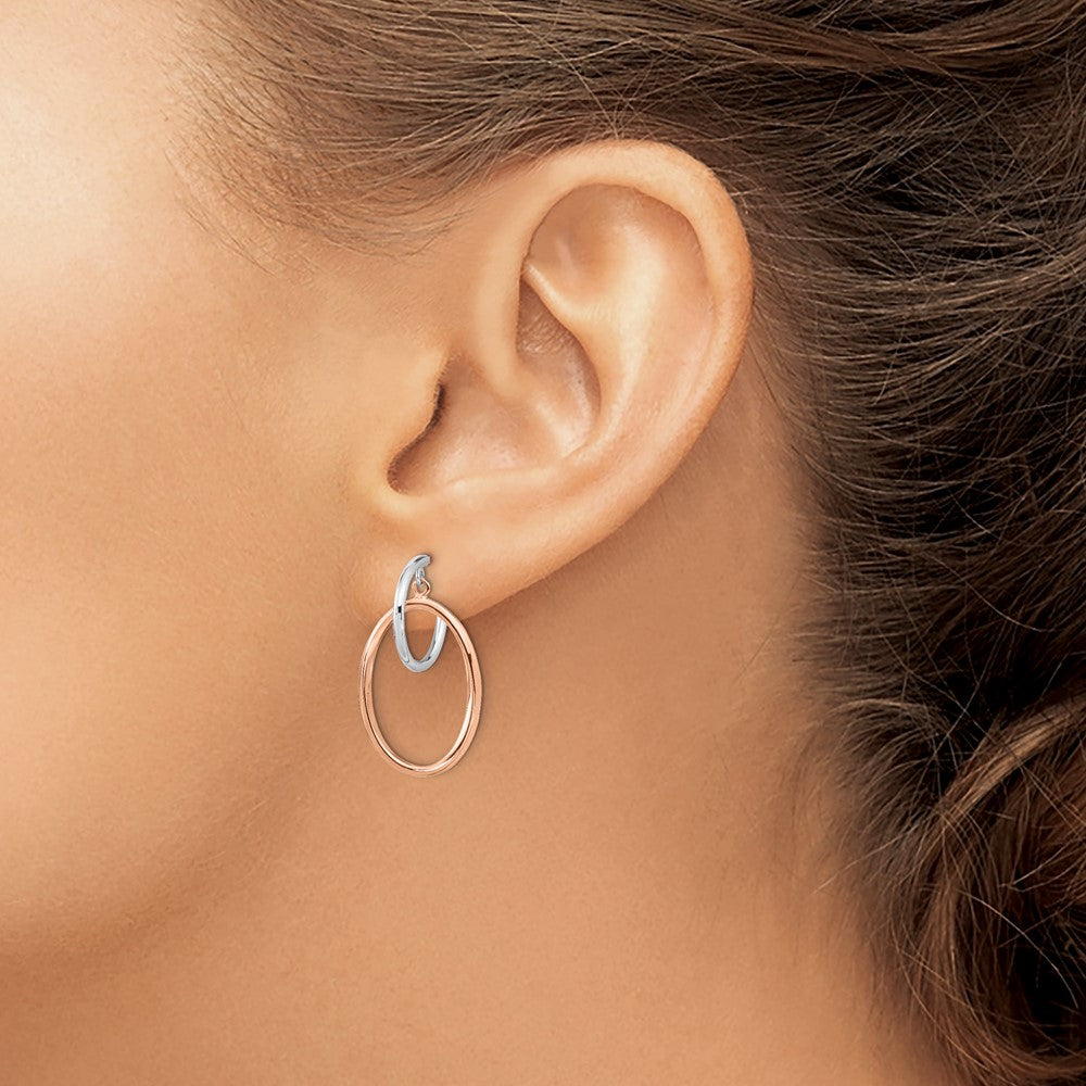 QE16012 Sterling Silver Rhodium-plated Rose Gold-plated Oval Dangle Hoop Earrings