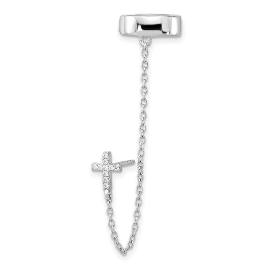 QE16112 Sterling Silver RH-plated CZ Cross w/ 2in Chain Single Post & Cuff Earrin