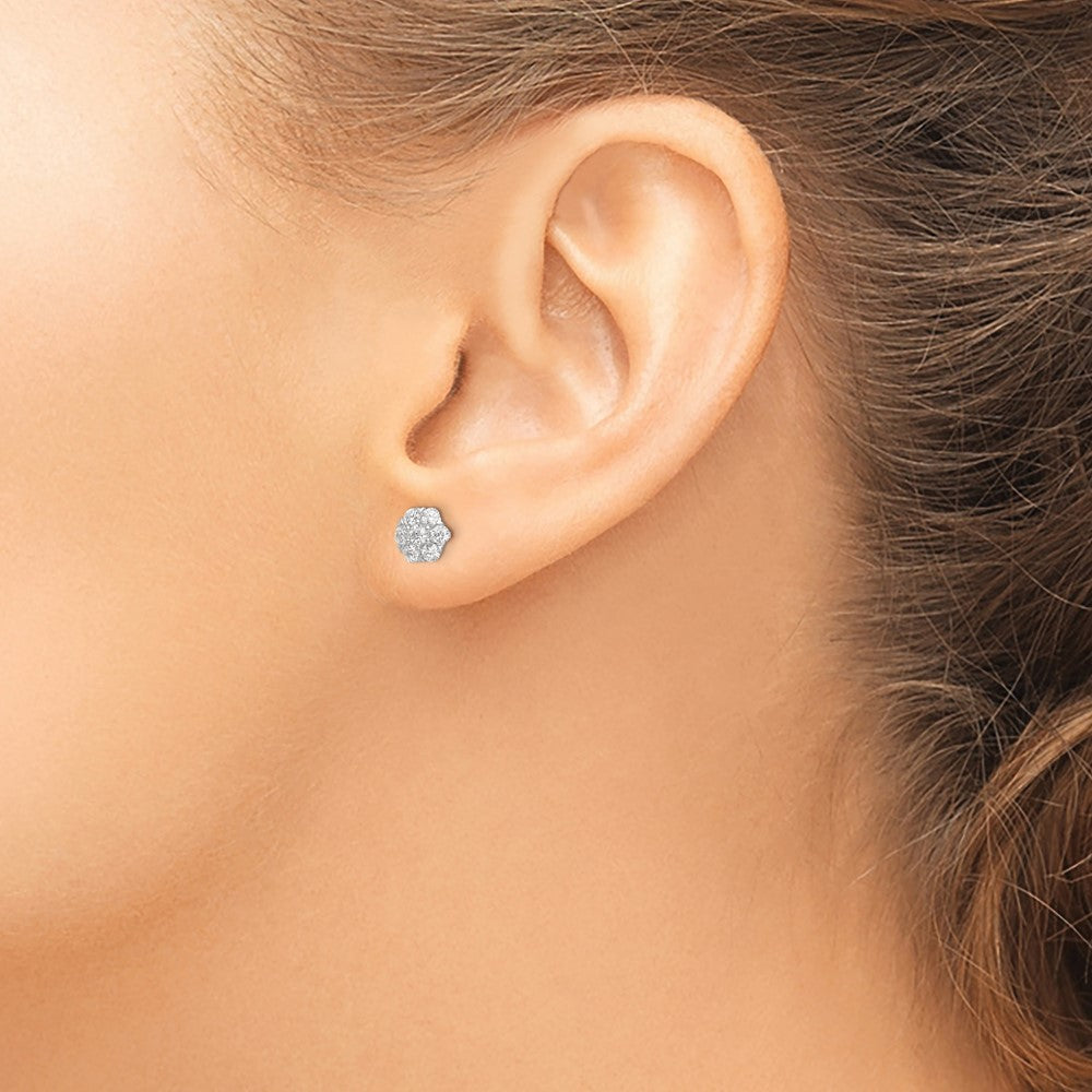 QE16116 Sterling Silver Rhodium-plated Polished CZ Flower Post Earrings