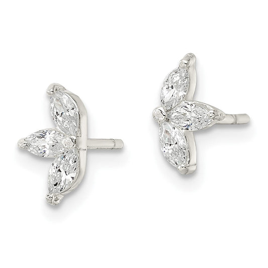 QE16227 Sterling Silver Polished Marquise CZ Flower Post Earrings