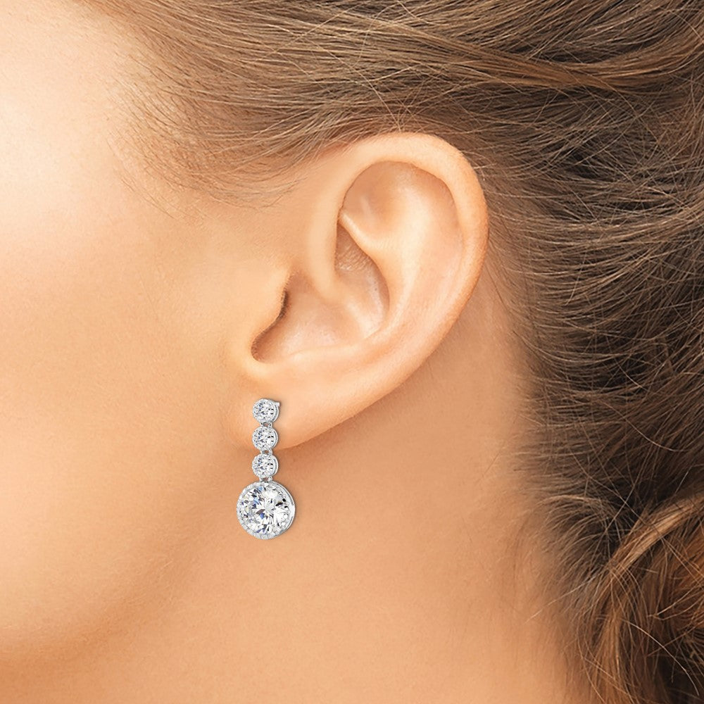 QE16240 Sterling Silver Rhodium-plated Polished Round CZ Post Dangle Earrings