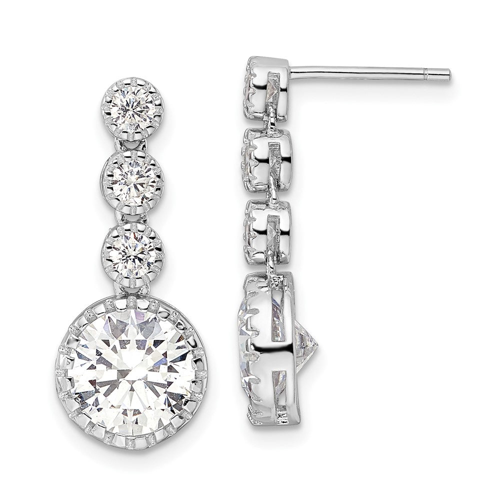 QE16240 Sterling Silver Rhodium-plated Polished Round CZ Post Dangle Earrings