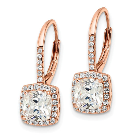 QE16249 Sterling Silver Rose-tone Polished Princess Cut CZ Halo Leverback Earrings