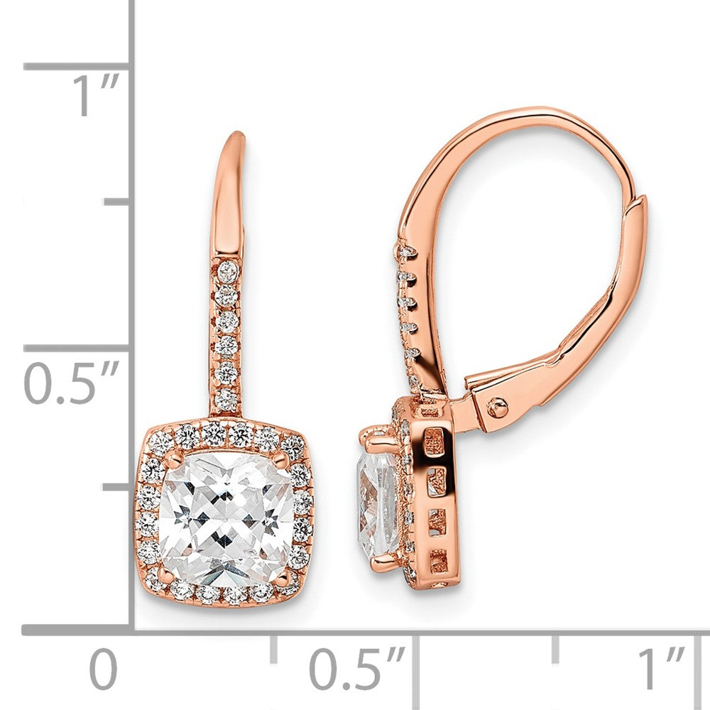 QE16249 Sterling Silver Rose-tone Polished Princess Cut CZ Halo Leverback Earrings