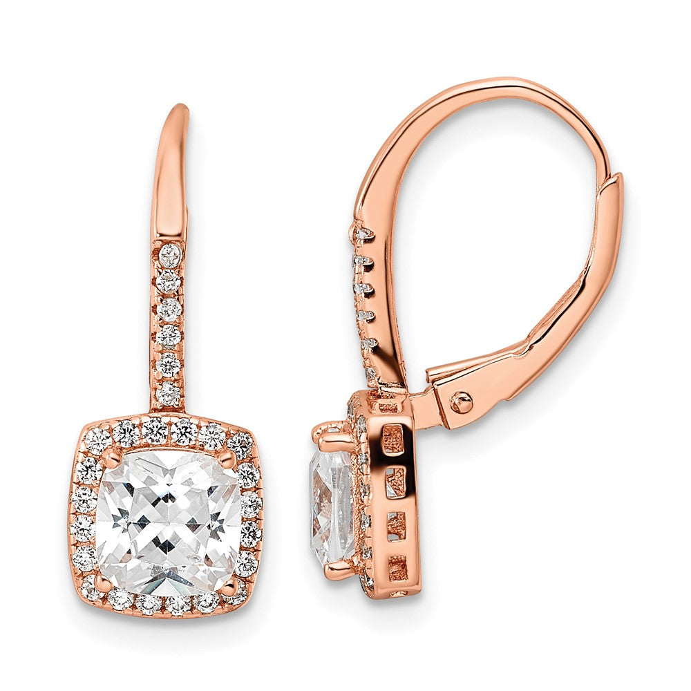 QE16249 Sterling Silver Rose-tone Polished Princess Cut CZ Halo Leverback Earrings