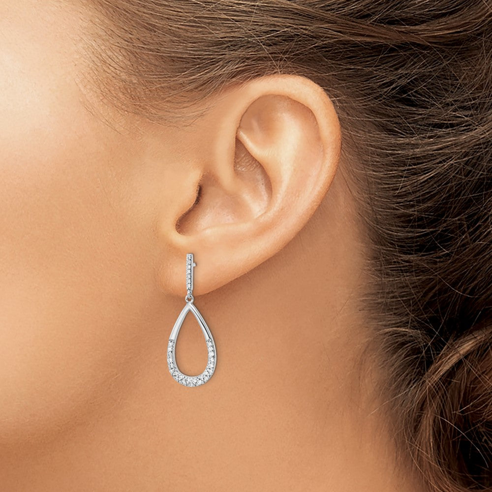 QE16253 Sterling Silver Rhodium-plated Polished CZ Teardrop Dangle Post Earrings
