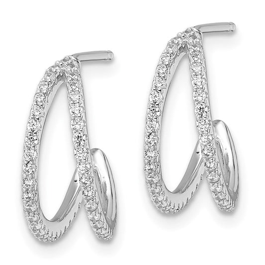 QE16271 Sterling Silver Polished Rhodium-plated CZ Post Hoop Earrings