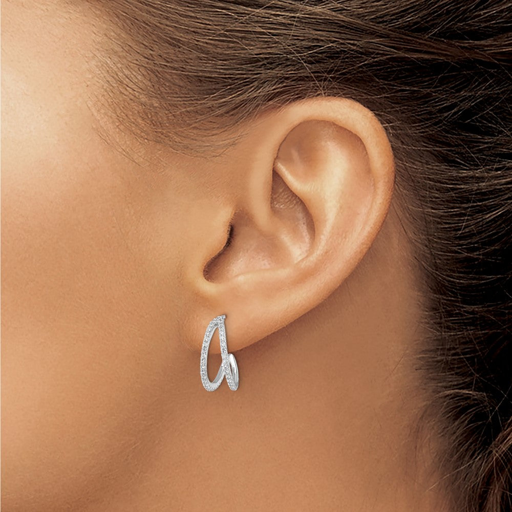 QE16271 Sterling Silver Polished Rhodium-plated CZ Post Hoop Earrings