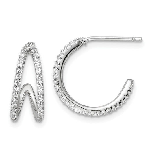 QE16271 Sterling Silver Polished Rhodium-plated CZ Post Hoop Earrings